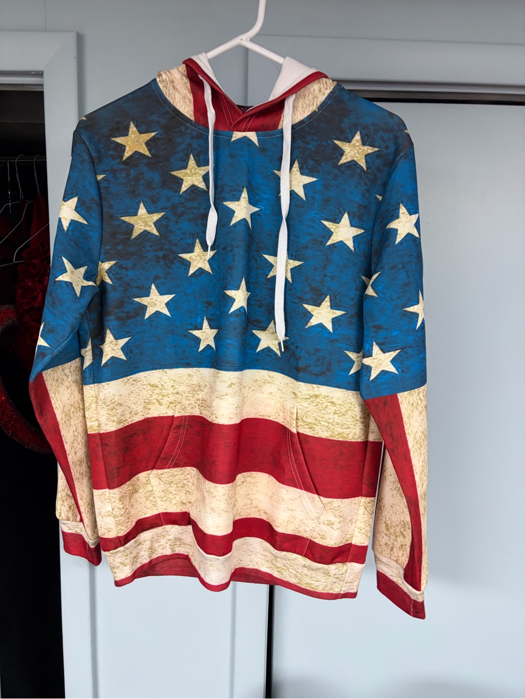 Distressed Design All Over Usa American Flag Pullover Hoodie Sweatshirt Large